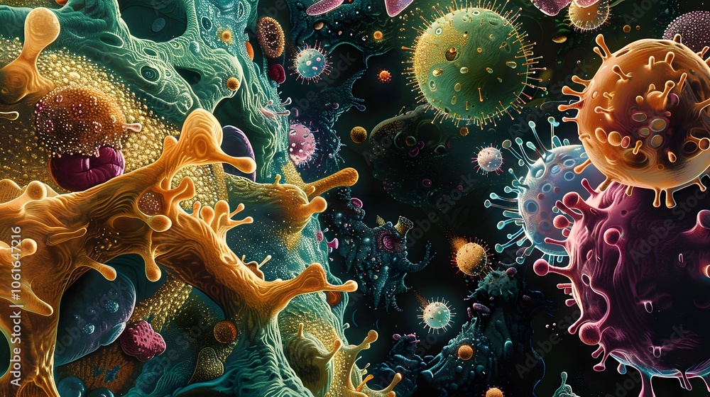 Poster microscopic bacteria and virus cells in colorful abstract science background