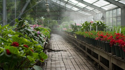 Sunlight filters through greenhouse glass, creating a serene ambiance as vibrant plants line the shaded, misty walkway with their colorful blooms.