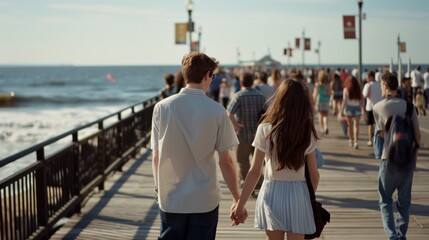 A young couple walks hand in hand on a bustling boardwalk by the seaside, sharing a moment of connection amidst the crowd.