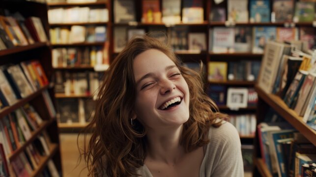 A young woman laughs joyfully among the shelves of a bright bookstore, embodying an infectious sense of happiness.