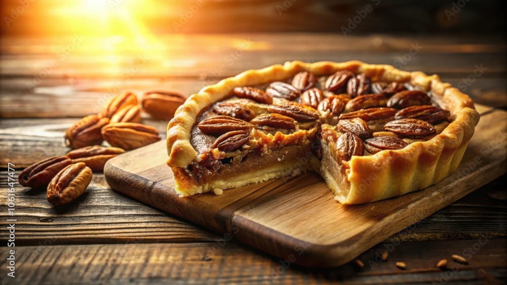 Poster a delicious pecan pie with a slice missing, nestled on a rustic wooden cutting board, illuminated by