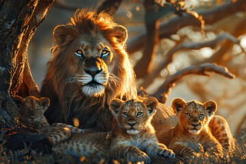 lion with lioness, cubs lie near tree in African savannah, family of carnivorous predators.