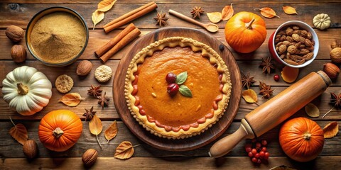A rustic wooden table laden with autumnal ingredients for a delicious pumpkin pie, including pumpkins, cinnamon sticks, star anise, and dried cranberries.