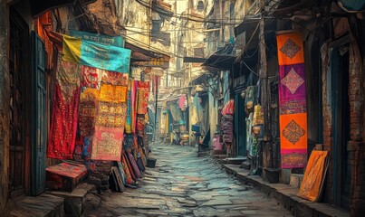 Fototapeta premium Narrow alleyway with colorful fabrics and stone floor.