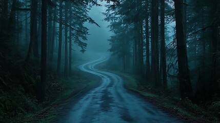 Obraz premium Winding road through the misty forest a serene