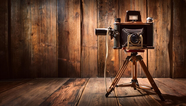 Estudio fotogr&aacute;fico antiguo con c&aacute;maras de fotos retro y fotos colgadas en la pared. Mesa y pared de madera