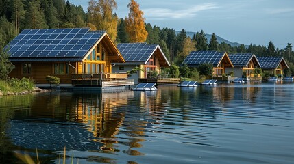 Fototapeta premium Scenic lakeside cabins with solar panels reflecting in calm waters.