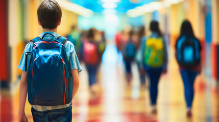 Bustling school hallway corridor, lively children kids rear view back view, engaged copy space walking elementary education, diverse educational friendship, youthful learning together