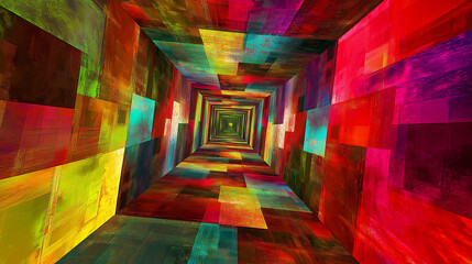 Vibrant abstract tunnel artwork featuring colorful geometric patterns and a sense of depth inspired by modern digital art