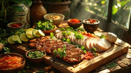 Obraz premium Mouth watering assortment of authentic Mexican cuisine including grilled meat fresh fish vibrant salsas and garnishes beautifully presented on a wooden table in a lush natural environment