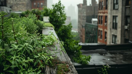 Fototapeta premium An urban rooftop garden thriving with potted plants, catching the serene morning light, against the backdrop of a city skyline.