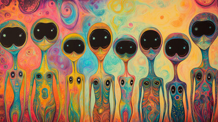 Colorful depiction of extraterrestrial beings in a cosmic landscape surrounded by vibrant patterns and hues