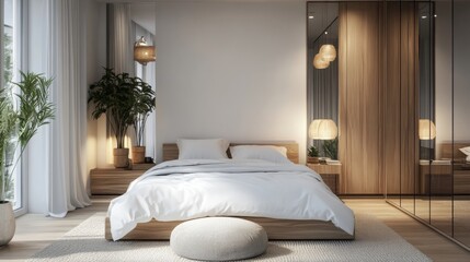 Minimalist bedroom with white bed and wooden furniture.