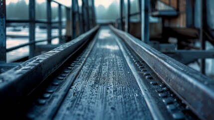 A long, wet track extends into the distance under a dim, overcast sky, evoking a sense of mystery and anticipation.