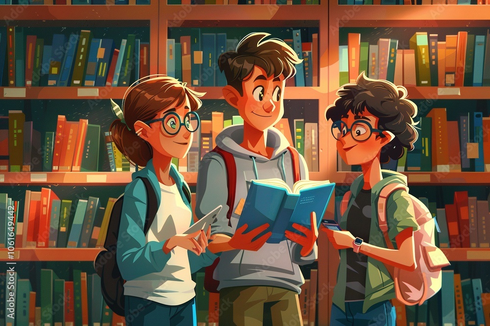 Poster three animated characters in a library, sharing a book and enjoying learning together.