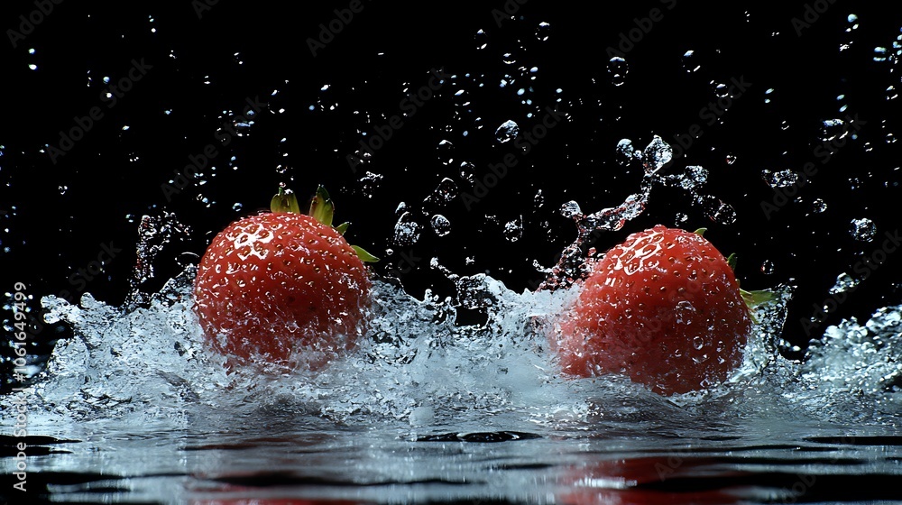 Poster two strawberries splashing in water, creating dynamic droplets against a dark background.