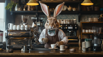 A rabbit barista expertly brews coffee in a rustic café setting while customers enjoy a cozy atmosphere during the afternoon