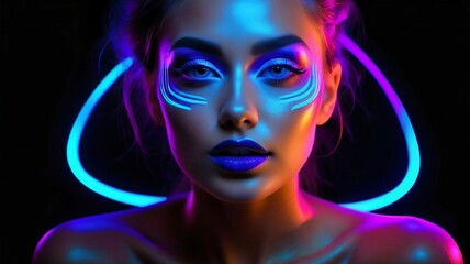 Obraz premium Portrait of a fashion model in fluorescent light on black background.