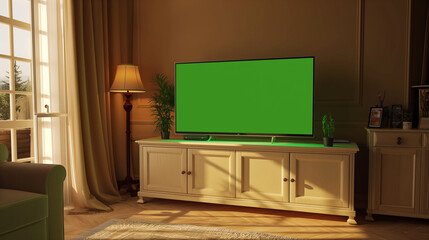 Cozy living room interior with a large blank screen TV on a cabinet and natural light streaming through the curtains