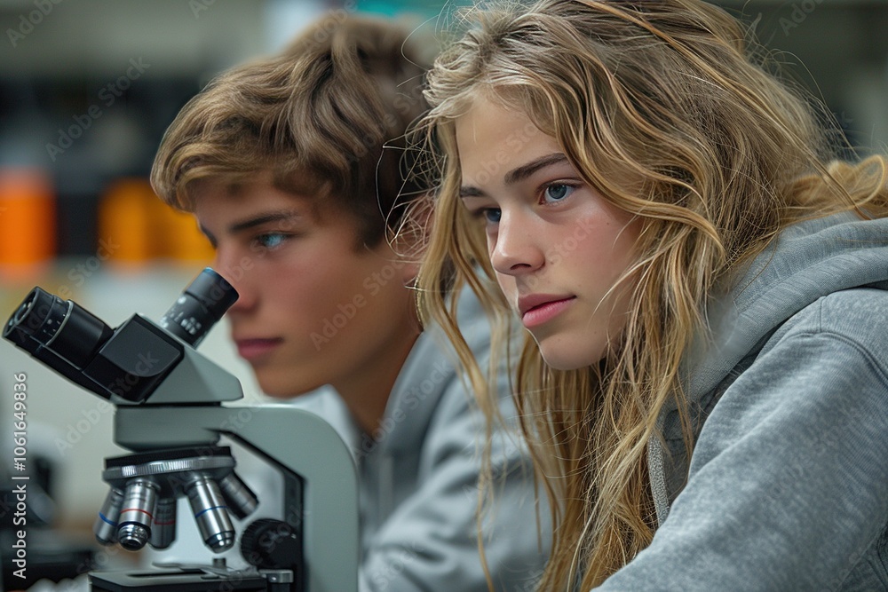 Poster two students focused on a microscope during a science class.
