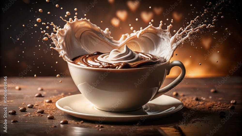 Poster a cup of coffee with whipped cream, surrounded by coffee beans and cocoa powder, with a splash of mi