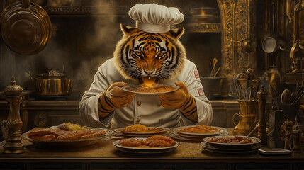 A chef with a tiger's head skillfully prepares and serves gourmet dishes in an ornate kitchen setting filled with rich aromas