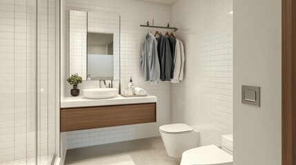 Modern Bathroom Interior Design with White Subway Tiles, Wooden Vanity and Shower Stall.