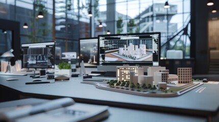 A sleek architectural office features modern design software on monitors and a detailed urban model, showcasing innovation and creativity.