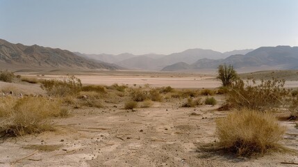Fototapeta premium A vast desert plain stretches toward distant mountain ranges under a clear blue sky, evoking a sense of isolation.