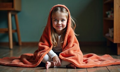 A little girl is comfortably sitting on the floor, joyfully wrapped in a soft, bright orange blanket that keeps her warm and cozy