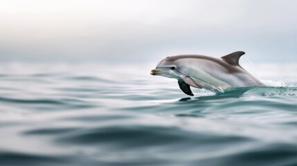 A dolphin glides through calm ocean waters under a bright sky, embodying grace and vitality in a harmonious sea environment.