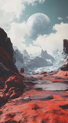 Fototapeta premium A surreal alien landscape with rocky terrain under a giant moon.