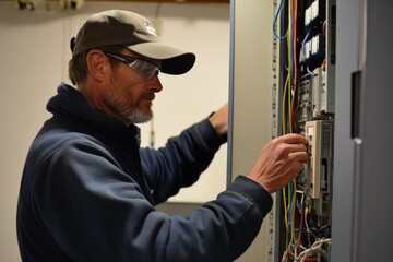 Electrician working on control panel in industrial setting