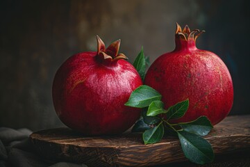 Two pomegranates with leaves on a wooden board, ideal for food or still life photography © Vii