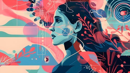 Fototapeta premium Mesmerizing Digital Artwork of Ethereal Female Face Amidst Vibrant Nature Motifs