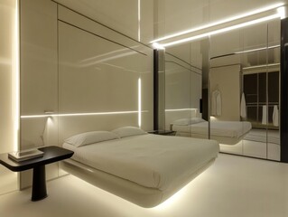 Modern Minimalist Bedroom with Floating Bed and LED Lighting.