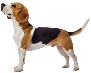 Charming beagle dog isolated, alert pet breed brown hound, poised side view standing full length, adorable playful expressive, graceful animated spirited