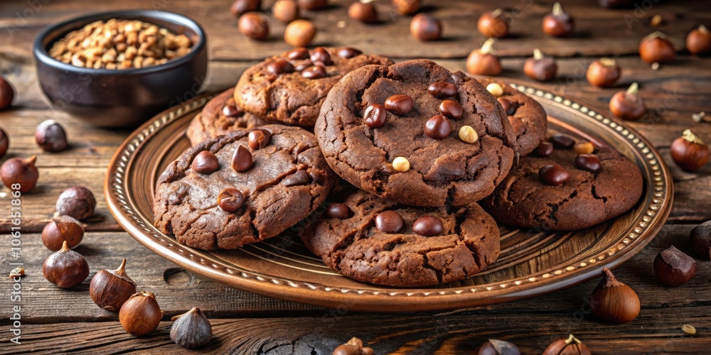Poster a stack of chocolate chip cookies, with a bowl of nuts in the background, on a rustic wooden table
