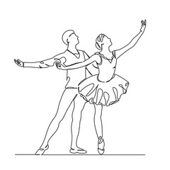 One continuous single drawing line art flat doodle ballet, balance, dancer, dancing, grace, two people, young adult, people, tutu. Isolated image hand draw contour on a white background