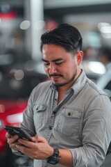 A person examines their smartphone while standing in an automobile display area