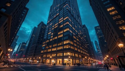 Obraz premium A significantly very tall building that features a multitude of windows is beautifully lit up and glowing at night, creating a stunning skyline
