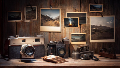 Estudio fotográfico antiguo con cámaras de fotos retro y fotos colgadas en la pared. Pared de madera