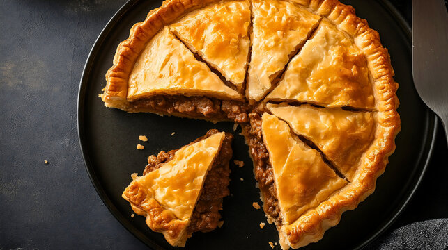 Savory meat pie top view, appetizing above gourmet filling crust, hearty stuffed turkish gastronomy overhead, rustic golden delectable, flavorful aromatic succulent