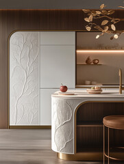 stylish kitchen with wooden and white cabinetry, accented by elegant pendant lights and a luxurious marble countertop.