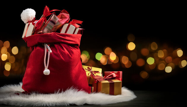 Saco rojo de Santa Claus lleno de regalos con un fondo negro con reflejos dorados