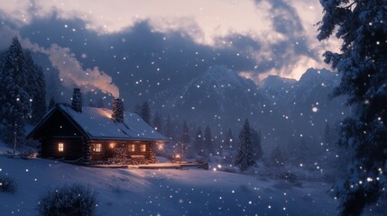 Fototapeta premium Cozy cabin in the mountains with smoke rising from the chimney during a snowfall. Inviting retreat in a winter wonderland.