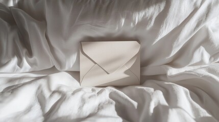 Elegant Blank Envelope on Soft White Bedding in Natural Light