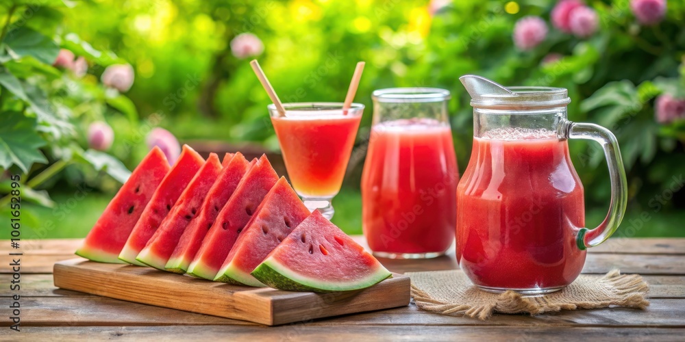 Poster freshly sliced watermelon on a wooden board with a glass of juice and a pitcher filled with watermel