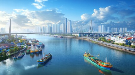 Obraz premium Modern City Skyline with Bridge and River.