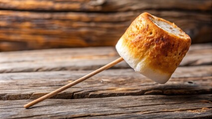 A single toasted marshmallow on a wooden stick, resting on a weathered wooden surface, a sweet treat ready to be enjoyed